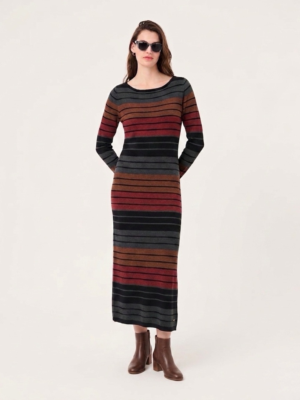 LACOSTE Women’s Long Sleeve Wool Stripe Midi Sweater Dress - Medium